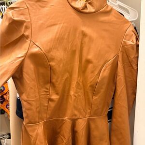 Faux Leather Camel Tan Long Sleeve Dress
